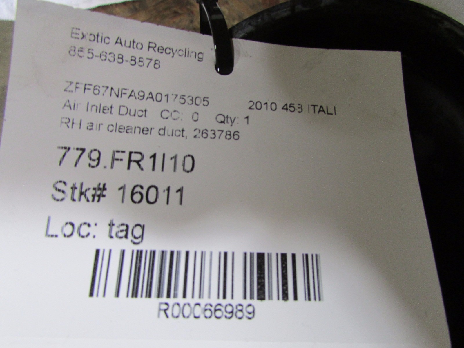 Ferrari 458 Italia, RH, Right Air Intake Duct, Tube, Used, P/N 263786