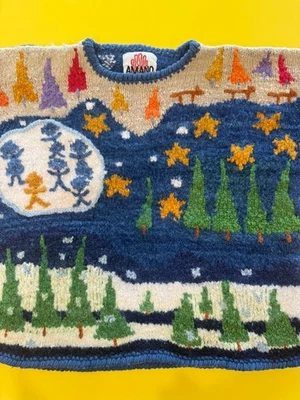 Vtg Amano Bolivian Wool Hand Knit Sweater Christmas Trees Stars Night Sky Aymara - Image 1 of 4