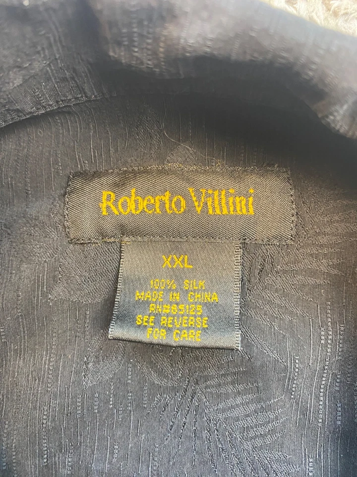 Camisa Roberto Villini Hombres 2XL Negra Seda Floral Adornada Vacaciones Playa Campamento Foto 3 de 4