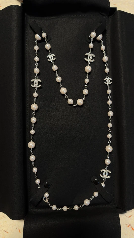 Chanel Foux Pearl Necklace 5 Crystal CC Logo Silver OVP - Bild 4 von 4