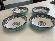 Set Of 4, Euro Ceramica Zanzibar Collection Pasta Bowl Spanish Floral Design EUC