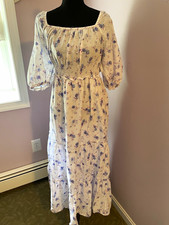 LoveShackFancy White Floral Square Neck Smocked Maxi Dress Puff 3/4 Sleeve M