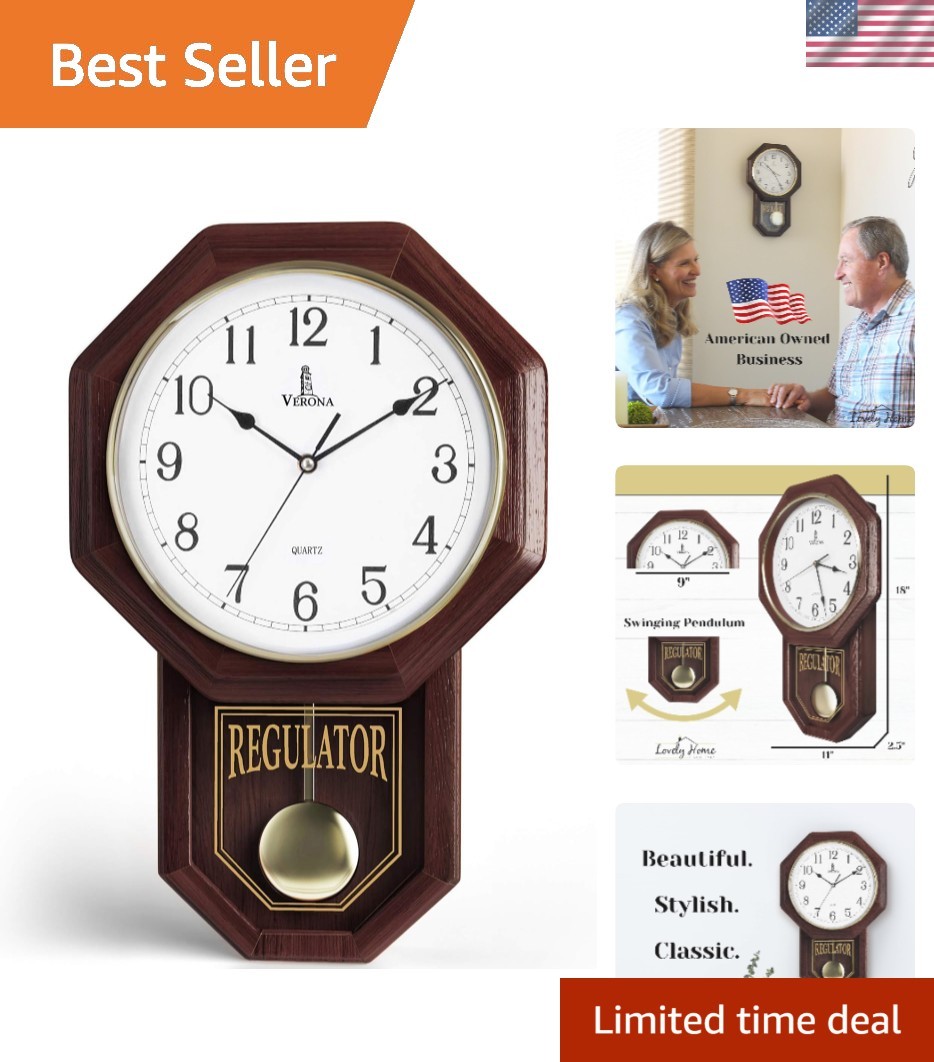 Real Wood Pendulum Wall Clock Classic Vintage Style, Silent & Accurate