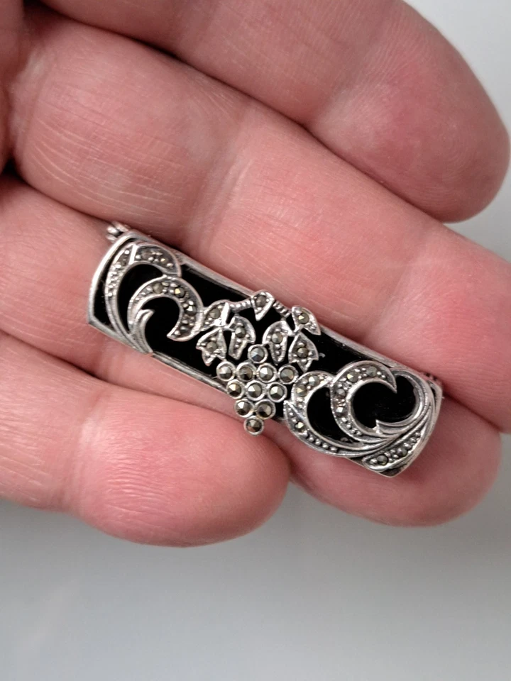 Molto Bella Spilla, 925 Argento Con Onice Nero E Marcasite - Immagine 4 di 4