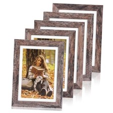 Picture Frames Set of 5, Rustic Brown Wood Grain with 5x7 D-Rustic Brown