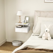 Comodino Galleggiante, Comodino con Cassetto e Ripiano, Bianco Lucido