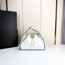 Women's White Canvas Bucket Tote Bag, Drawstring Chain Shoulder Handbag