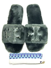 Tory Burch Womens Sz 8 Double T Shearling Slides Militare/Gold Open Toe Sandals