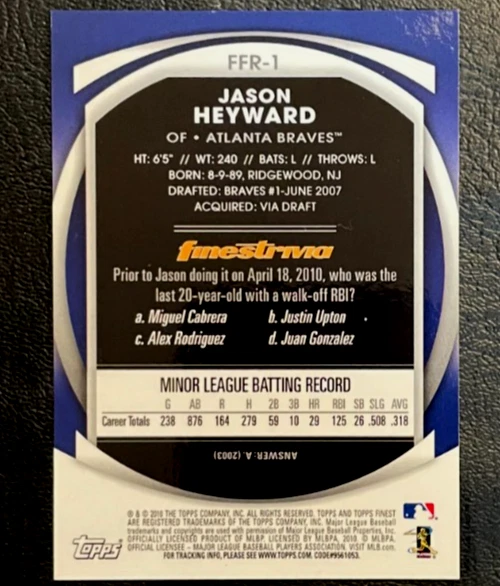 2010 Topps Finest Rookie Redemption #FFR-1 Jason Heyward Autograph Braves RC - Image 2 of 2