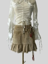 Vintage Real Suede Leather Boho Ruffle Frayed Hem Y2K Skirt Women's Size L