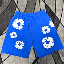 DENIM TEARS Men's Blue/White Floral Fleece Cotton Sweat Shorts Drawstring