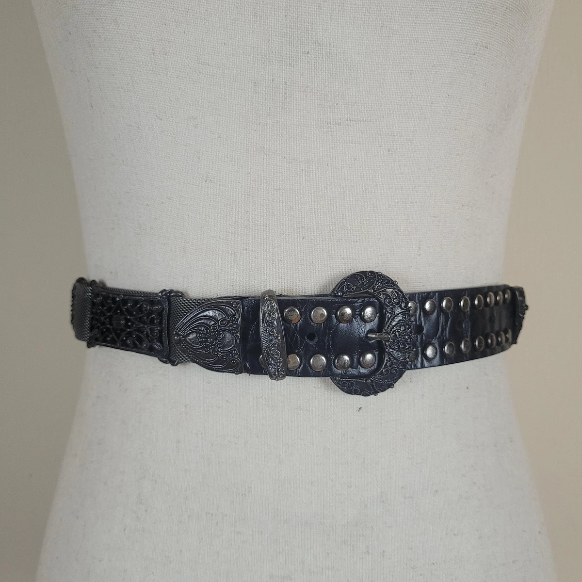 VTG Express Belt Small Black Leather Studs Chain Metal Goth Rock Mesh Ornate 90s Express Leather Black Belts for Women for sale | eBay main image 3