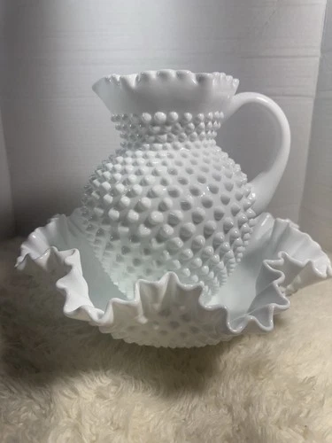 Vintage Fenton Hobnail White Milk Glass Large Bowl and Pitcher