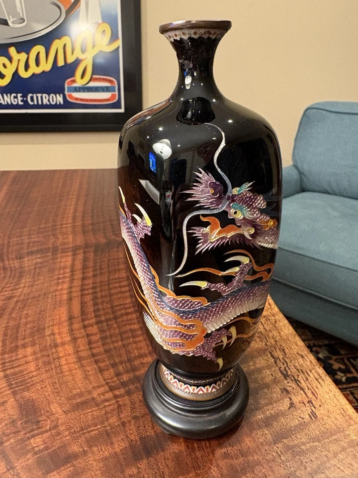 "Florero japonés de dragón esmaltado Cloisonne período Meiji: 7,5"" x 2,75""" Foto 2 de 4