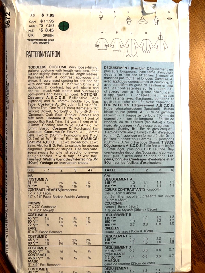 Butterick Sewing Pattern Costumes Size 1-4 Toddler Uncut    #5672 New - Image 2 of 2