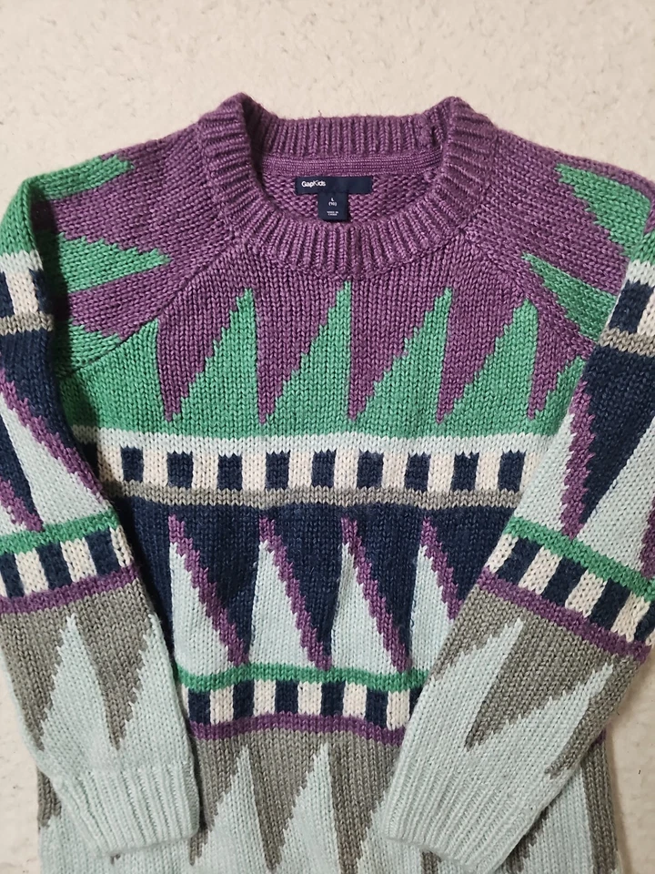 GAP Niños Niñas 10 Suéter Vestido Intarsia Tejido Manga Larga Geométrico Púrpura Verde Foto 3 de 4