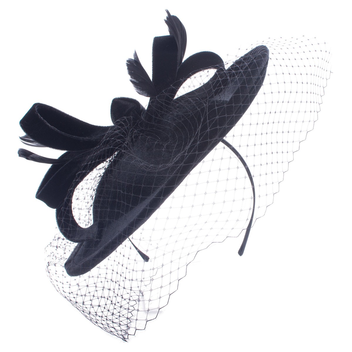 Velvet Fascinator Headpiece with Veil Netting and Feathers for Weddings Lawliet Womens Velvet Veil Netting Wedding Occasion Church  main image 3