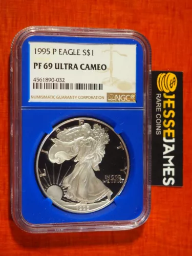 1995 P PROOF SILVER EAGLE NGC PF69 ULTRA CAMEO BLUE CORE HOLDER