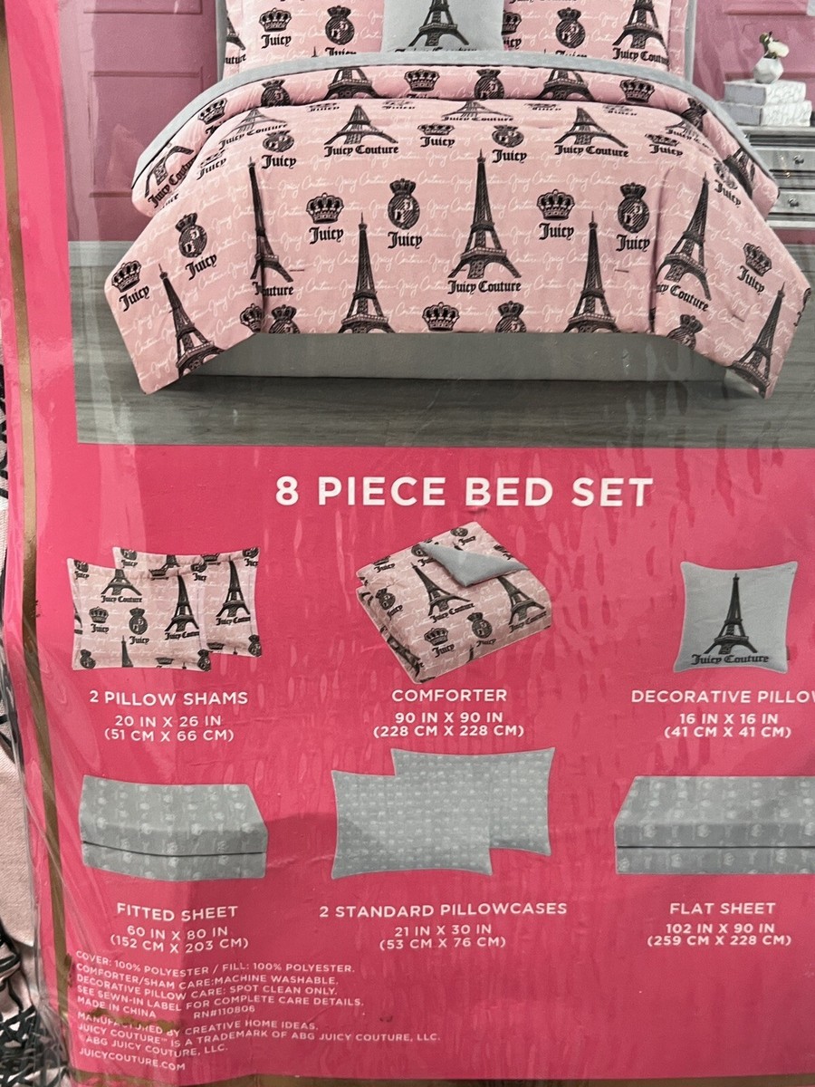 Juicy Couture 8 Piece QUEEN Bed Set Pink/Blk Eiffel Tower