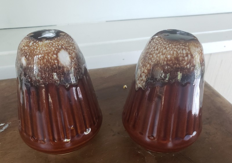 Vintage Monmouth Brown Drip Pottery Tapered Salt & Pepper Shakers