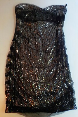 black sequin overlay dress YA LOS ANGELES Strapless Sequin Dress with Sheer Overlay-Black/Silver-SZ  SMALL