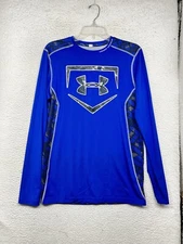 Under Armour Shirt Mens Small Blue Camo Fitted Baseball Plate Long Sleeve Active