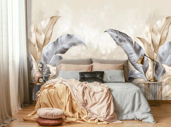 Lounge Botanisch Tapete Wandkunst Groß BläTter Beige Grau Braune Foto Wand Dekor-image
