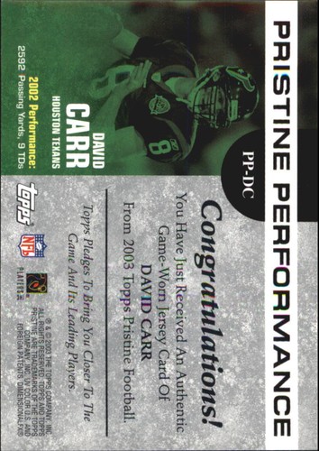2003 Topps Pristine Performance #PPDC David Carr A Jsy - Picture 2 of 2
