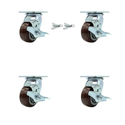 4 Inch Polyurethane Caster Set with Roller Bearings 4 Brake 2 Swivel Lock SCC