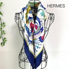 HERMES CERES Carre 90 Silk 100 Scarf White Blue Navy Authentic No Box Used t46