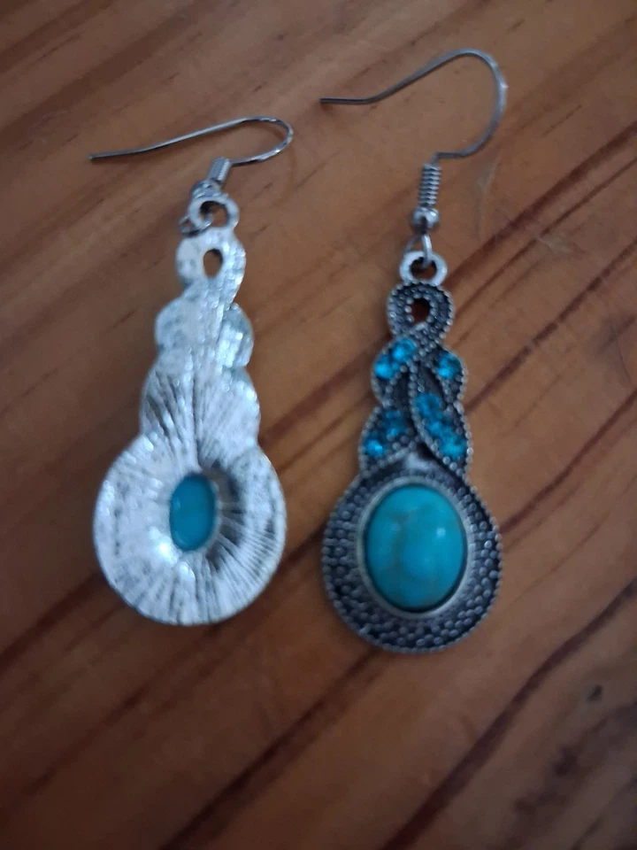 Boucles d’oreilles pendantes alliage turquoise bleue pierre fermoir crochets - Photo 1/2