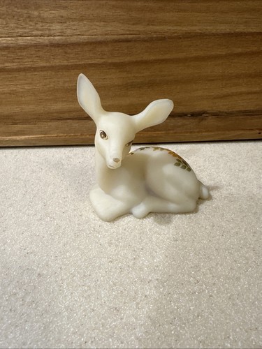 Fenton Daises On Custard Glass Deer Fawn Figurine Hand Painted by V Gherke VTG