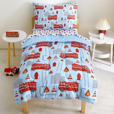 Toddler Bedding Set for Boys, 4 Piece Fire Truck Blue Microfiber Comforter Sheet