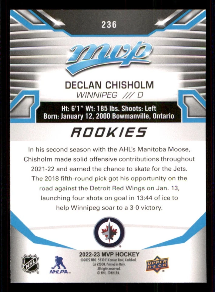 2022-23 Upper Deck MVP #236 Declan Chisholm SP RC - Image 2 of 2