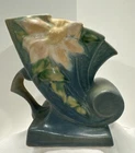 Vintage Blue & Green Roseville Pottery Clematis Cornucopia Vase 193-6