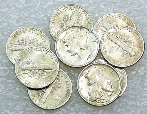 1940 P, D, S MERCURY Dime AU Bright Luster lot of 9 coins in saflip #N262