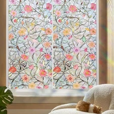 Privacy Window Film Static Cling, Sparkling Floral Stained Glass Design, UV 