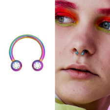 16G 1/4" RAINBOW STEEL FRONT FACING CZ GEM HORSESHOE NOSE SEPTUM Daith RING hoop