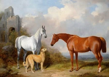 perfact 36x24 oil painting handpainted on canvas "two horses and a dog" NO3318