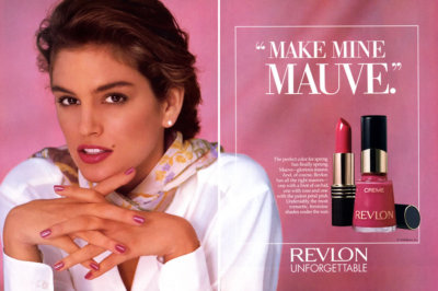 1990 Revlon Cindy Crawford Unforgettable make mine mauve 2-page