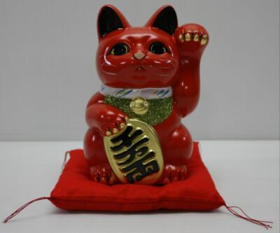 19/Ceramics Maneki Neko lucky Cat/ Red/ 25cm high/ Left hand/ Hand below ear