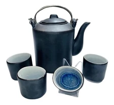 Joyce Chen Ceramic Teapot & 4 Cups Matte Brown 5-piece Asian Tea Set Vietnam EUC