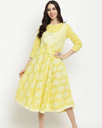 Women Stitched Cotton Kurti dress Lime yellow