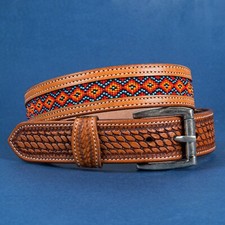 Beaded Western Belt Cowboy Rodeo Full Grain Leather Hand Tooled Removable Buckle