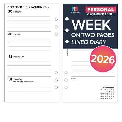 NBPLANNER 2026 Filofax Personal COMPATIBLE Week on two pages lined diary organiser refill