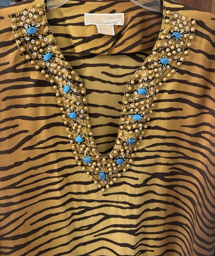 Michael Kors Women’s Silk Beaded Blouse Vintage Tiger Print Size Medium - Picture 2 of 9