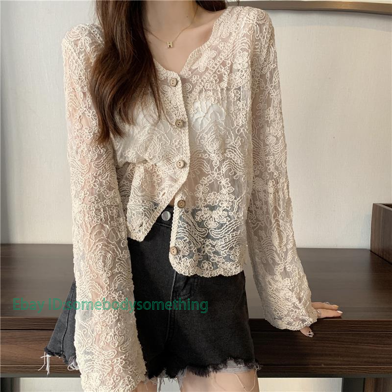 Ladies Lace Crochet Cardigan V-neck Hollow Knitted Embroidered