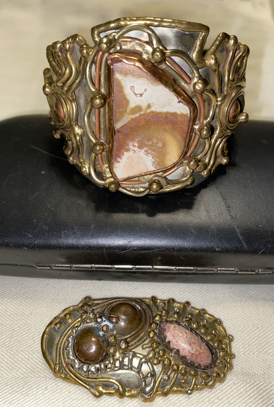 Vintage Handmade Brutalist Cuff Bracelet & Brooch With Stones