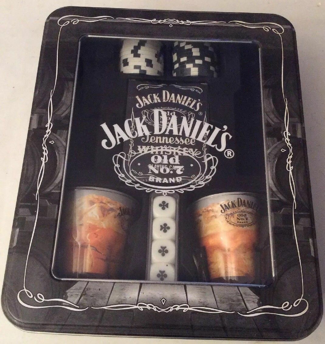 Jack Daniels' Old No 7 Poker Set / Tin. Cards Dice Chips Glasses