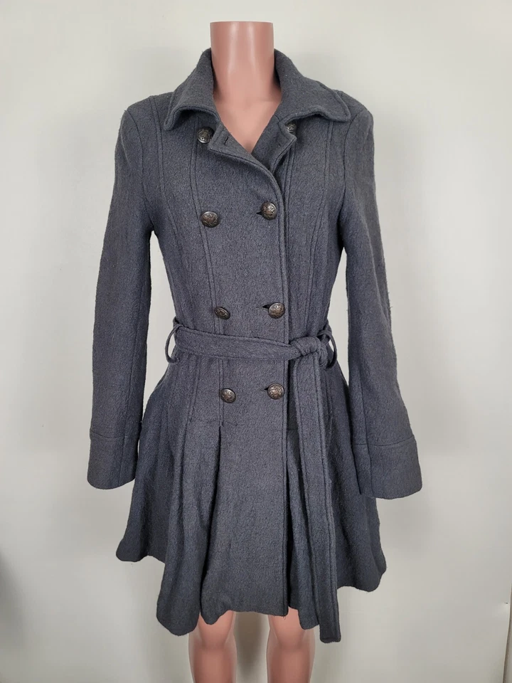 Free People Women's Gray Flowy Textured Wool Blend Pea Coat Sz 6 Small Belted - Image 2 of 4